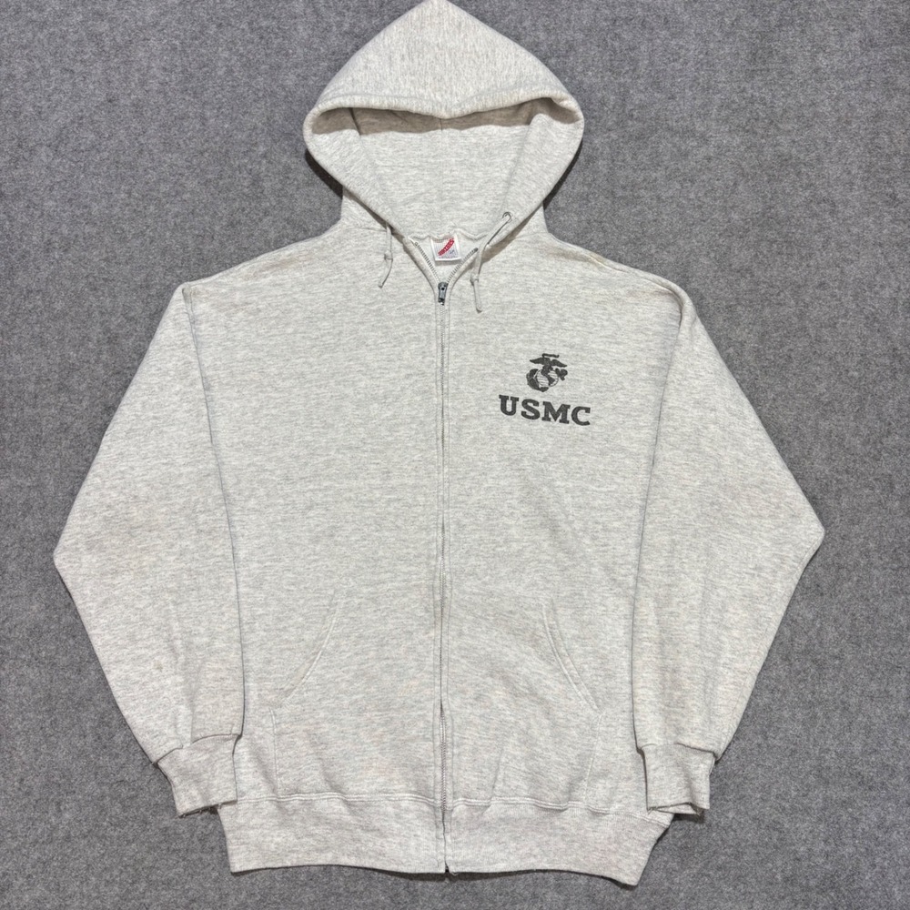 Vintage Jerzees USMC Full Zip Hoodie Mens Large Gray Made in USA Sweatshirt